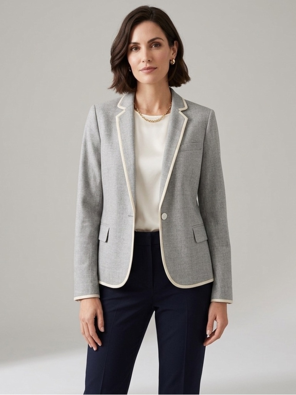 Theory 98% Wool Chic Grey Blazer with Cream Contrast Piping & White Button Sz 10